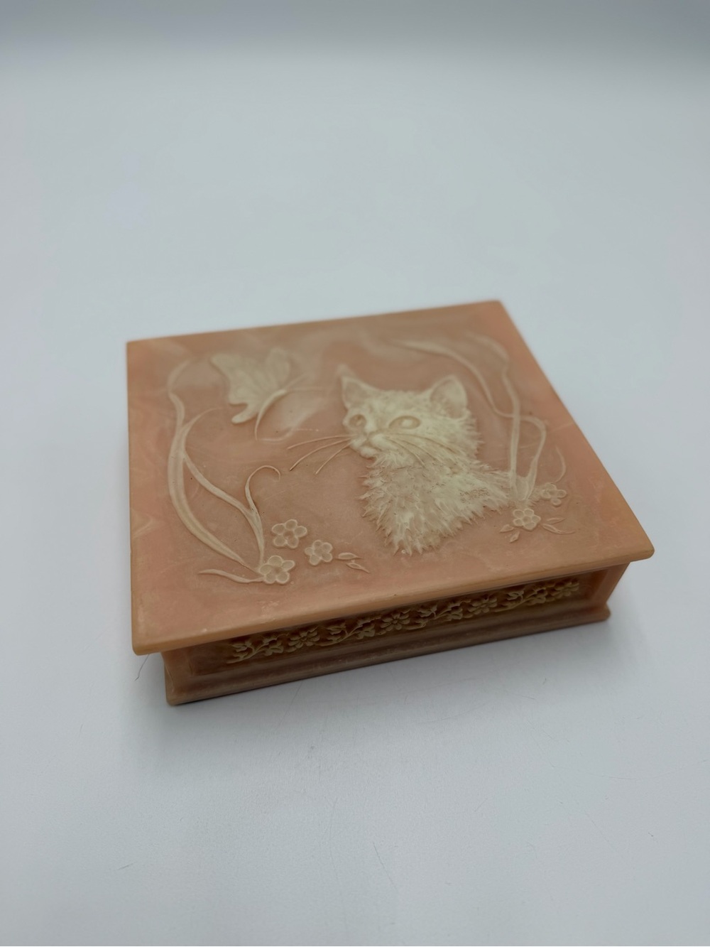 VTG Large Incolay Stone Jewelry Box Pink Cat Kitten Butterfly Lenore Beran HTF